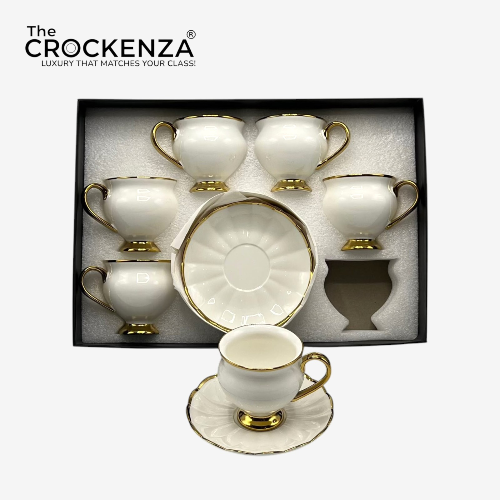 Luxury 12 Piece Cup & Saucer Set – White with Golden Rim | Premium Coffee Cup Set for Home & Gifting