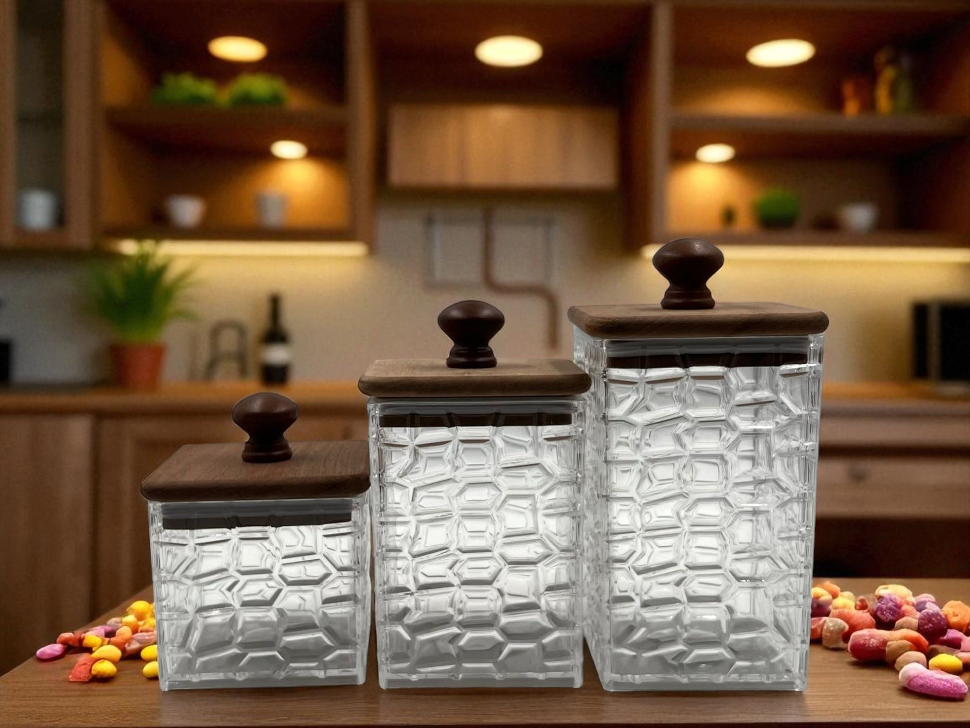 Elegant Crystal-Clear Acrylic Airtight Jar Set with wooden lid – Premium Dry Fruit & Candy Display Container for Elite tables