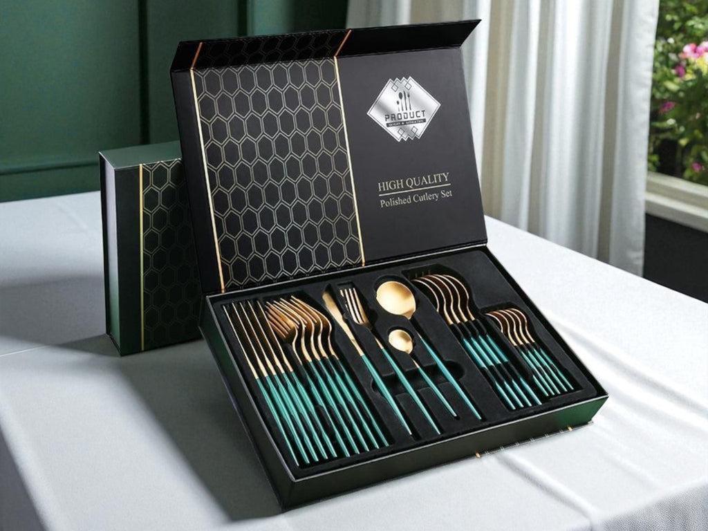 Luxury Polished Cutlery Set – 24 Pcs Set- (Green & Golden) Best For 6 people