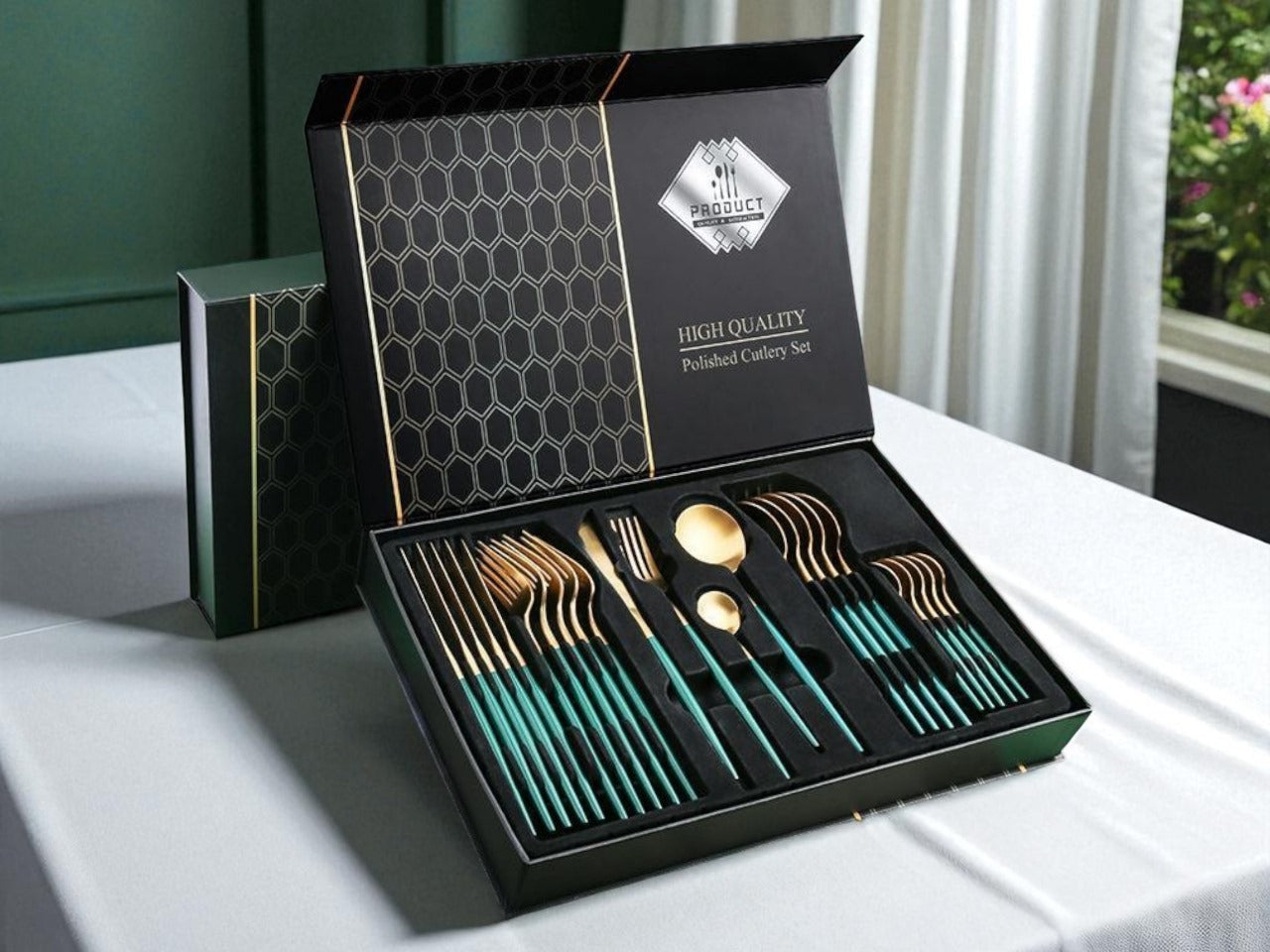 Luxury Polished Cutlery Set – 24 Pcs Set- (Green & Golden) Best For 6 people