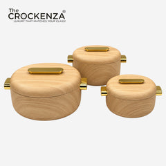 Imported Luxury Collection | Forever Gold 3 Pcs Thermal Hotpot Set | Light Wood Textured Round (1/2/3.5Ltr)