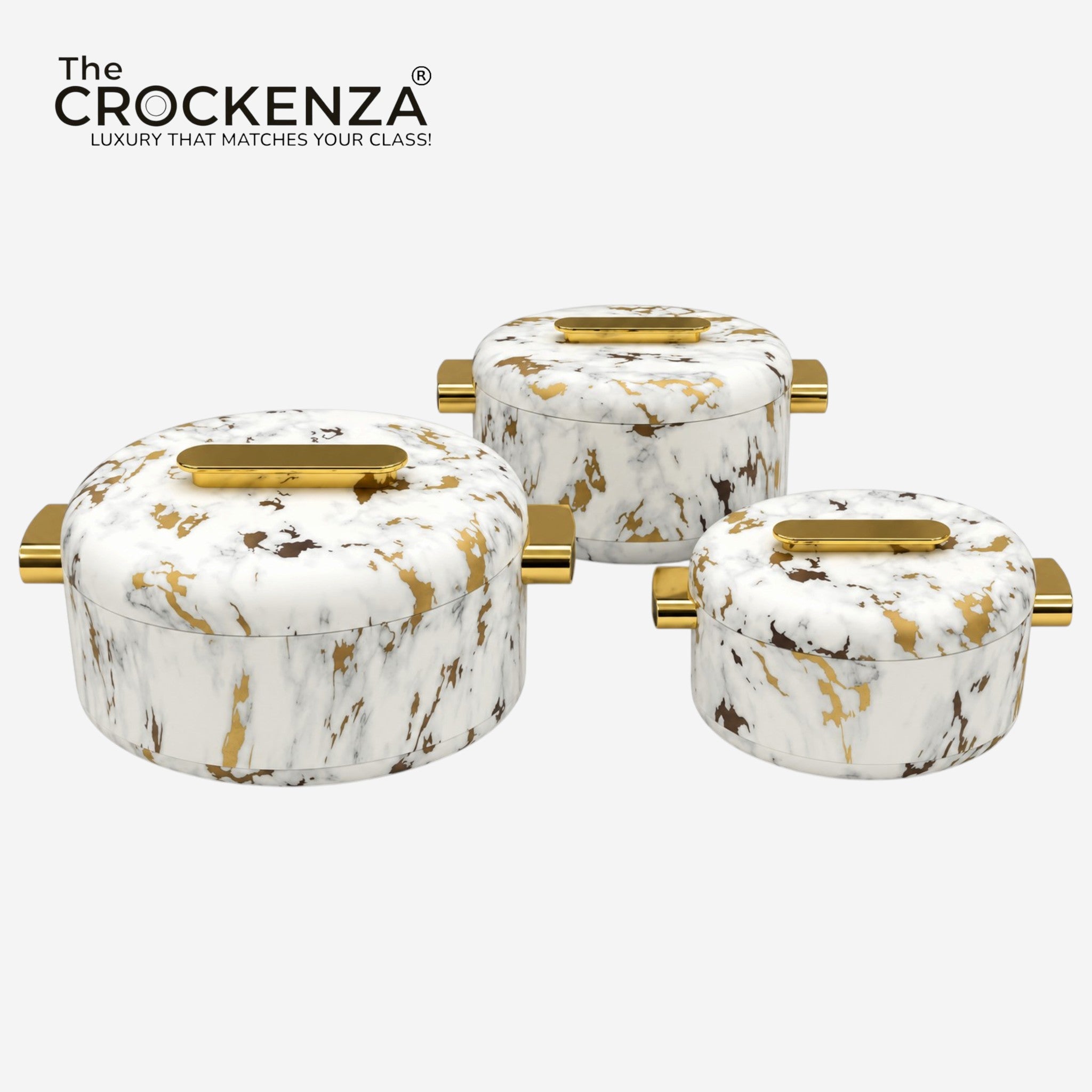 Imported Luxury Collection | Forever Gold 3 Pcs Thermal Hotpot Set | White Marble Textured Round (1/2/3.5Ltr)