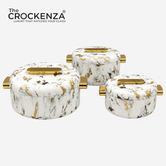 Imported Luxury Collection | Forever Gold 3 Pcs Thermal Hotpot Set | White Marble Textured Round (1/2/3.5Ltr)