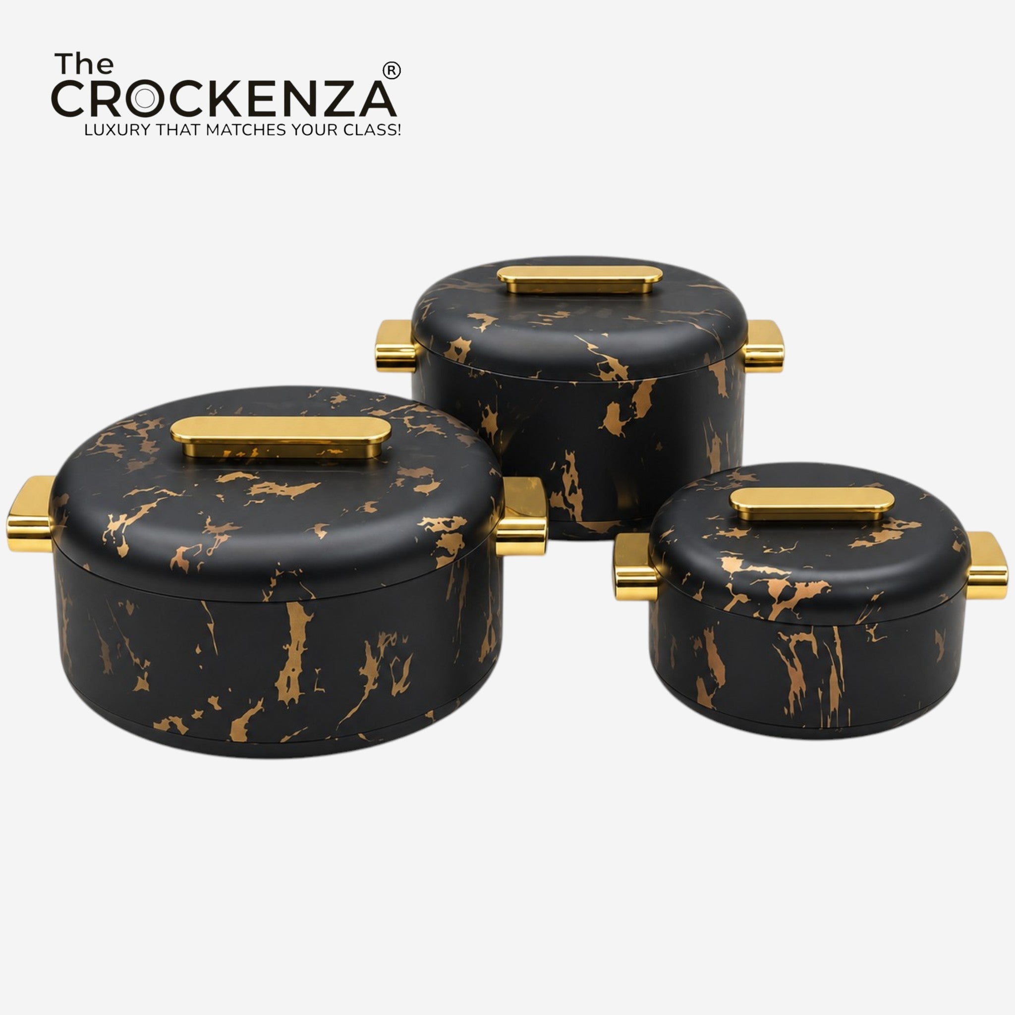 Imported Luxury Collection | Forever Gold 3 Pcs Thermal Hotpot Set | Black Marble Round (1/2/3.5Ltr)