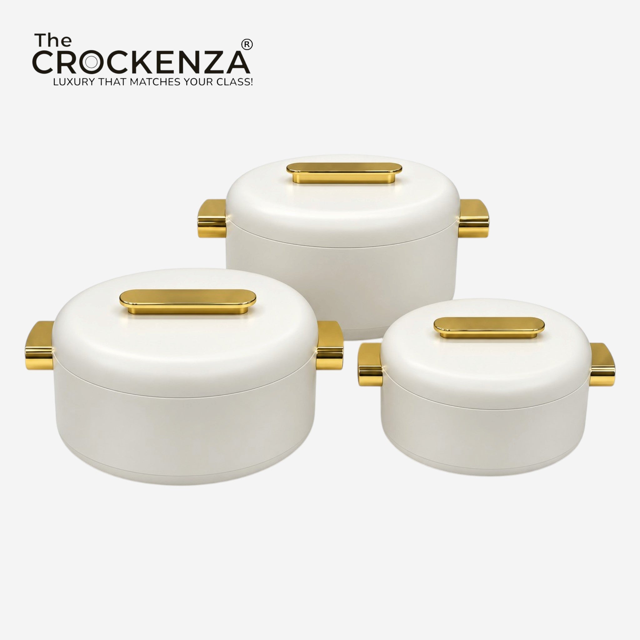 Imported Luxury Collection | Forever Gold 3Pcs Hotpot Set | Keep your food fresh & warm | White Plain Round (1/2/3.5Ltr)