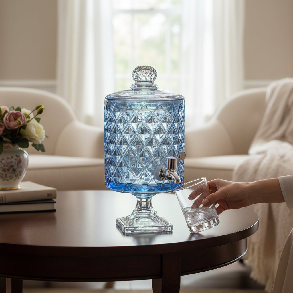 Elegant Diamond-Cut Blue Crystal Glass Beverage Dispenser – Heavyweight Luxury Decanter for Home & Events