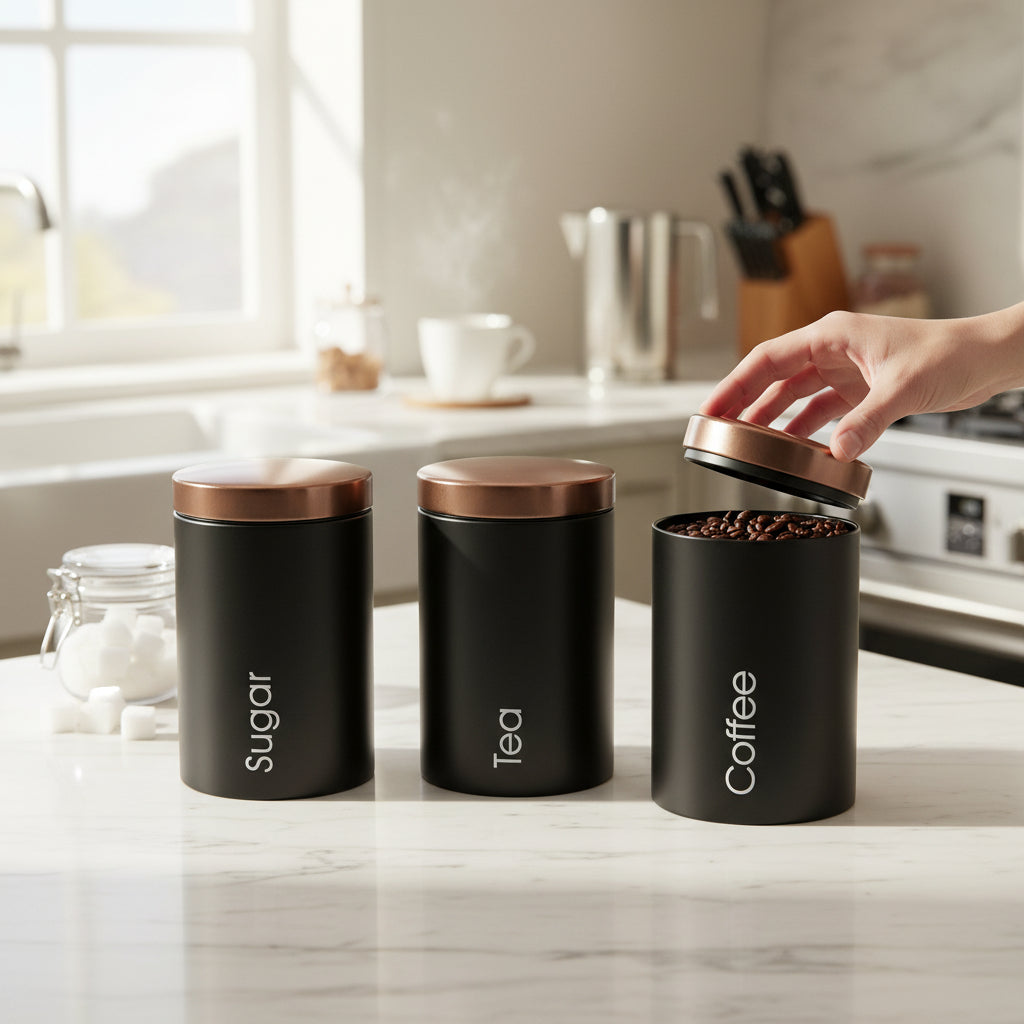 Metallic Canister Trio – Sugar, Tea & Coffee Black Jars with Rose Gold Airtight Lids