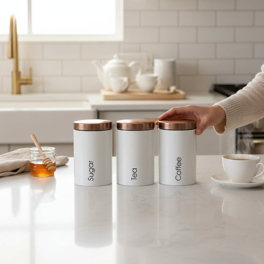Metallic Canister Trio – Sugar, Tea & Coffee White Jars with Rose Gold Airtight Lids | Small & Large