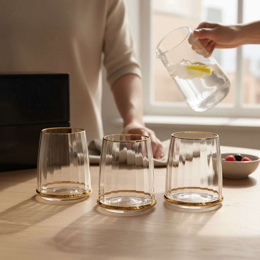 Modern Gold-Rimmed Glass Tumblers – 6-Piece Imported Set | Dual-Gilded Lowball Glasses for Water, Juice, Whiskey & More
