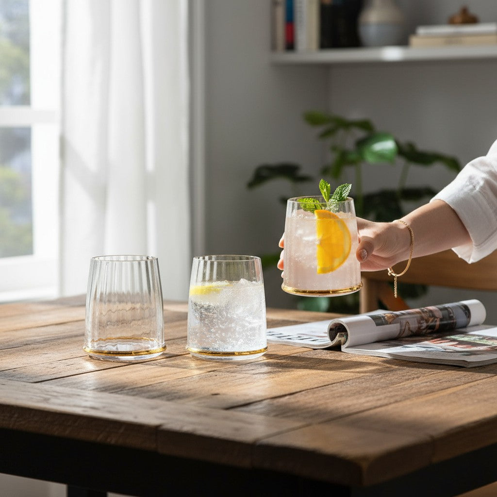 Luxury 6-Piece Crystal Whiskey Glass Set – Ribbed Tapered Tumblers with Gold Rim