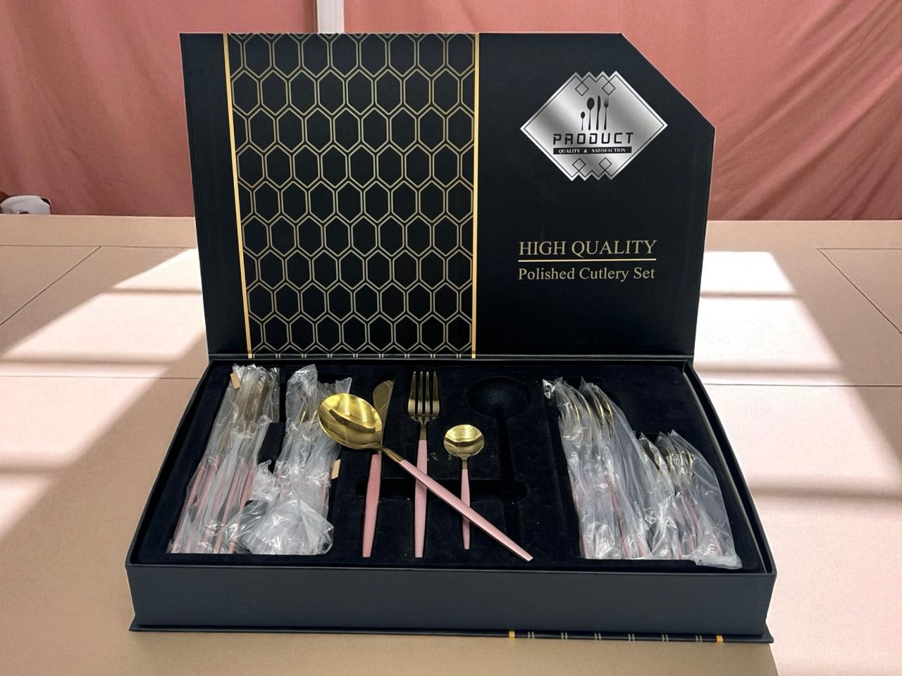 Luxury Polished Cutlery Set – 24 Pcs Set- (Pink & Golden) Best For 6 people