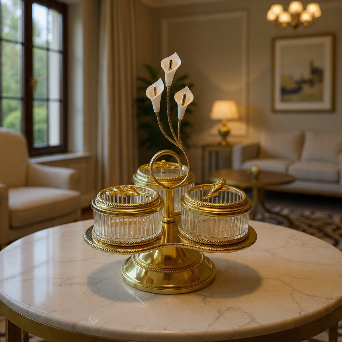 Luxury Gold 4-Partition Dry Fruit Serving Set with Stand – Glass Bowls & Golden Holder