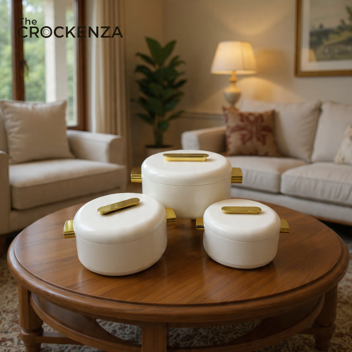 Imported Luxury Collection | Forever Gold 3Pcs Hotpot Set | Keep your food fresh & warm | White Plain Round (1, 2 & 3.5 Litres)