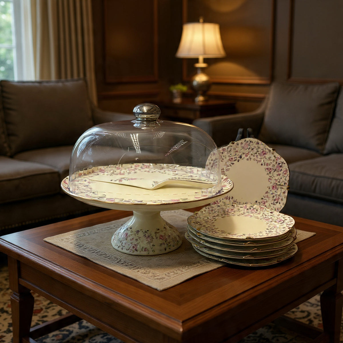 Royal Albert–Inspired 9-Pcs Bone China Cake Set | Floral Elegance with Acrylic Dome lid