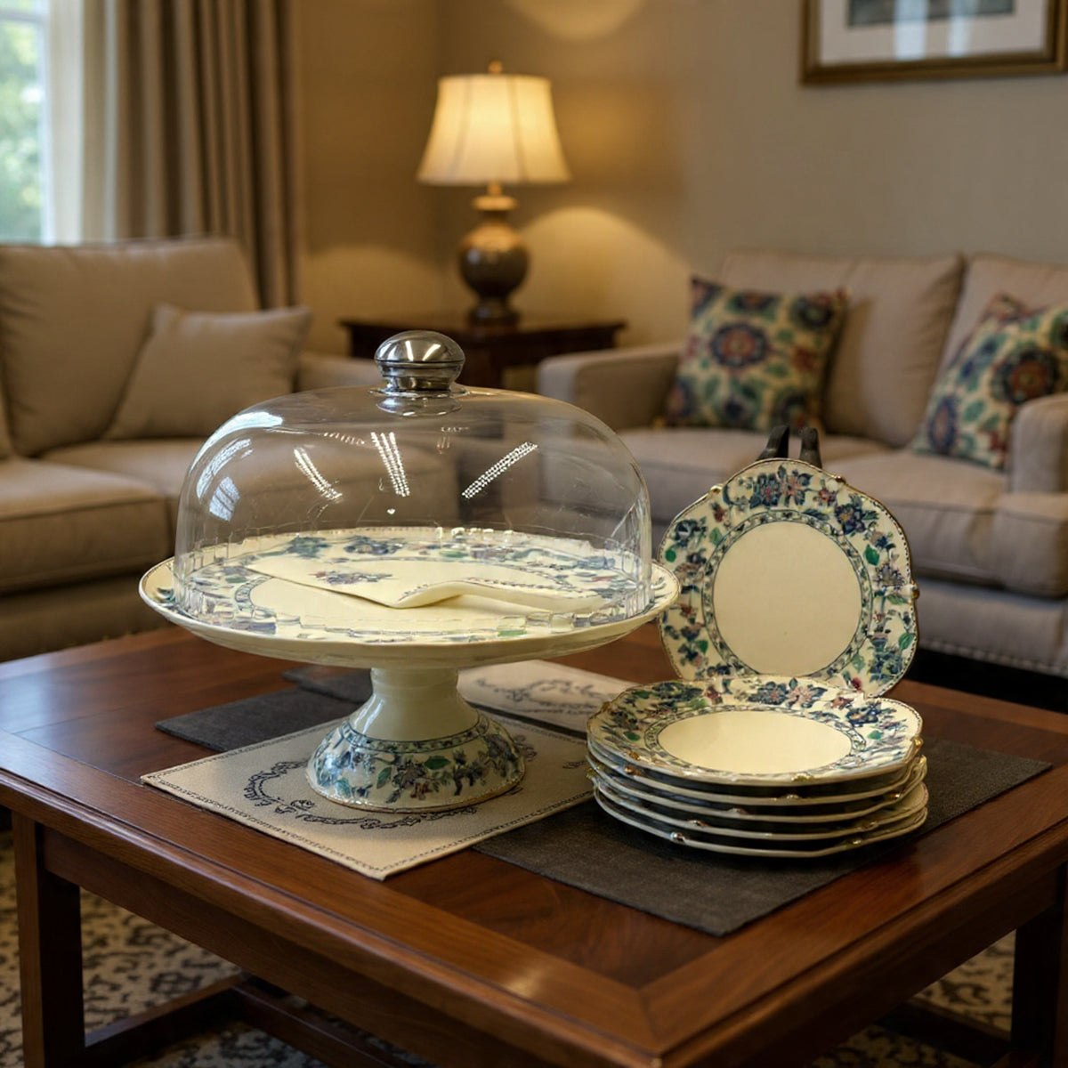 Royal Albert–Inspired 9-Pcs Bone China Cake Set | Floral Elegance with Dome