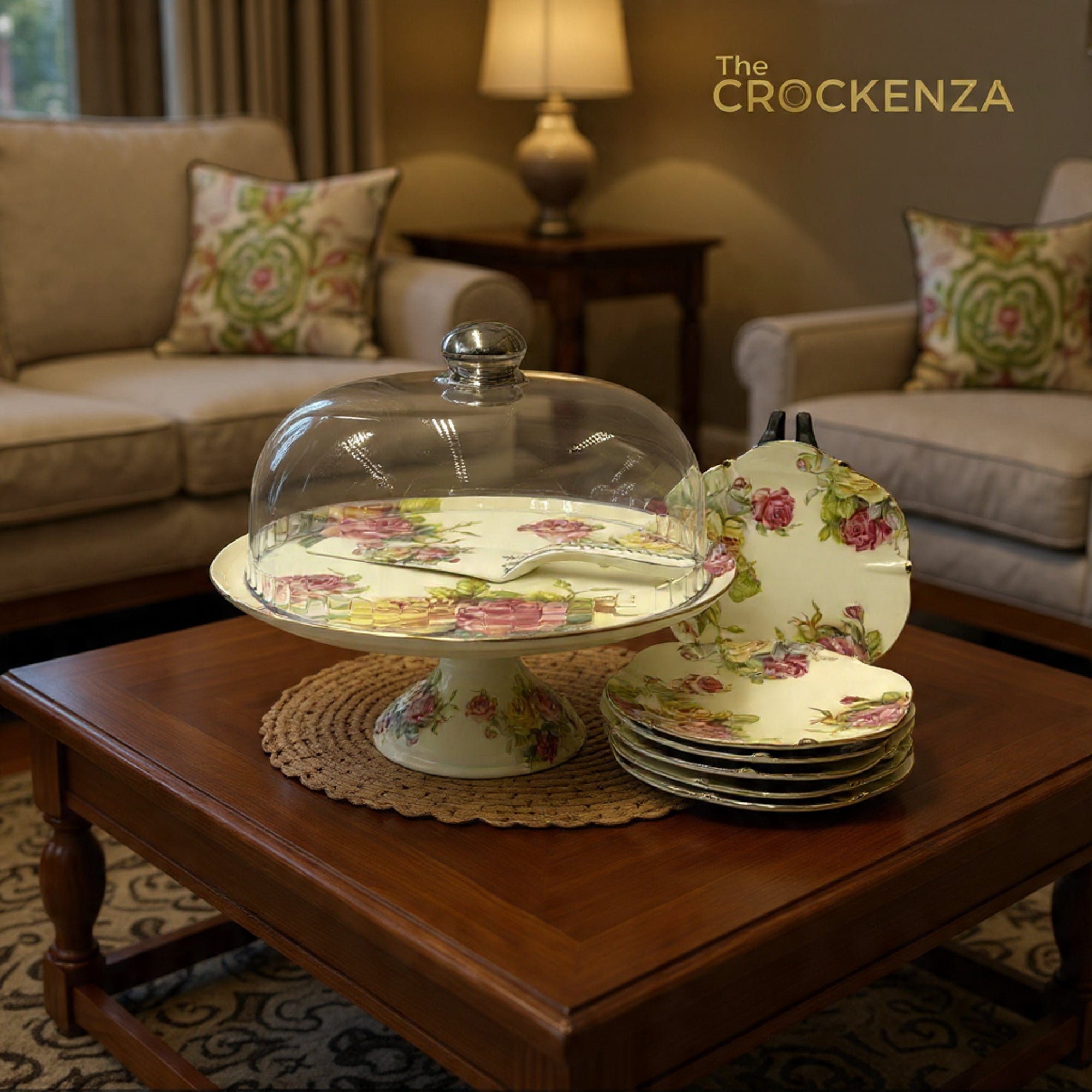 Royal Albert–Inspired 9-Pcs Bone China Cake Set | Floral Elegance with Dome