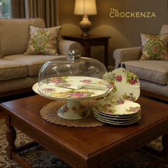 Royal Albert–Inspired 9-Pcs Bone China Cake Set | Floral Elegance with Dome