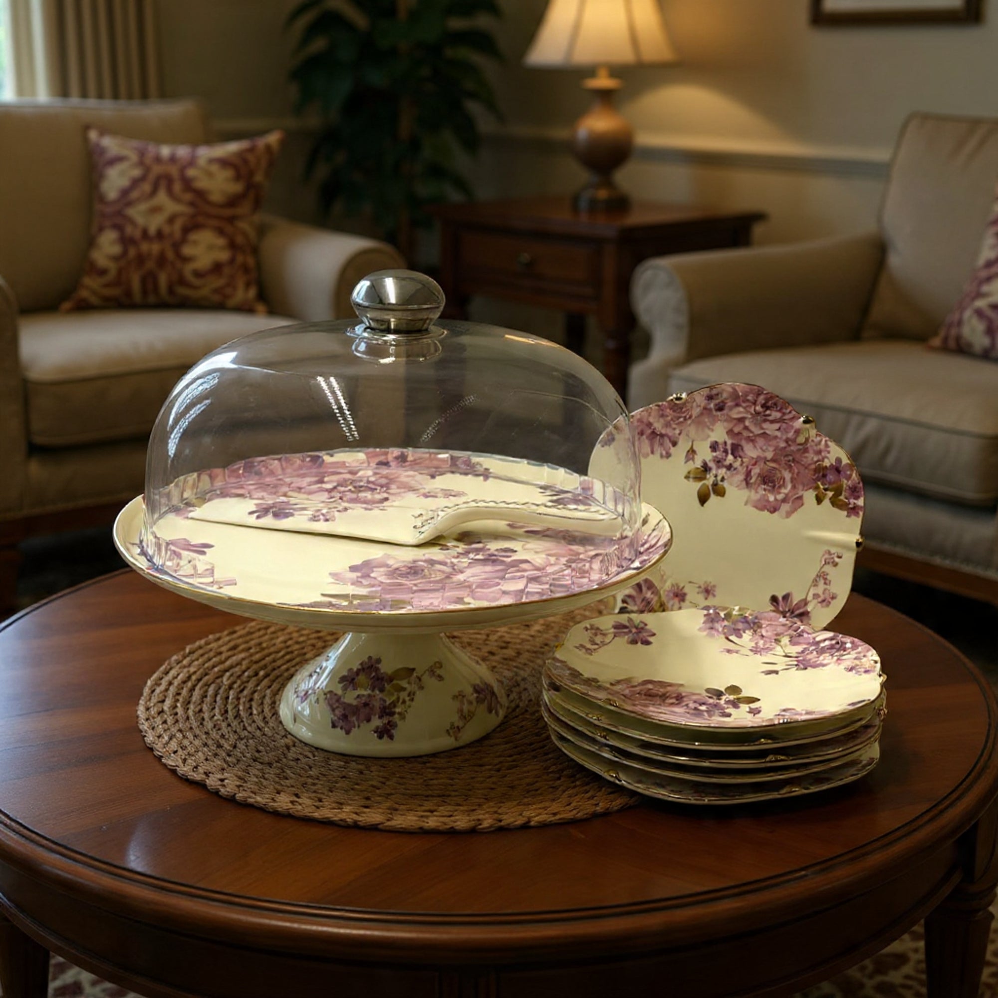 Royal Albert–Inspired 9-Pcs Bone China Cake Set | Floral Elegance with Dome