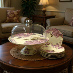 Royal Albert–Inspired 9-Pcs Bone China Cake Set | Floral Elegance with Dome
