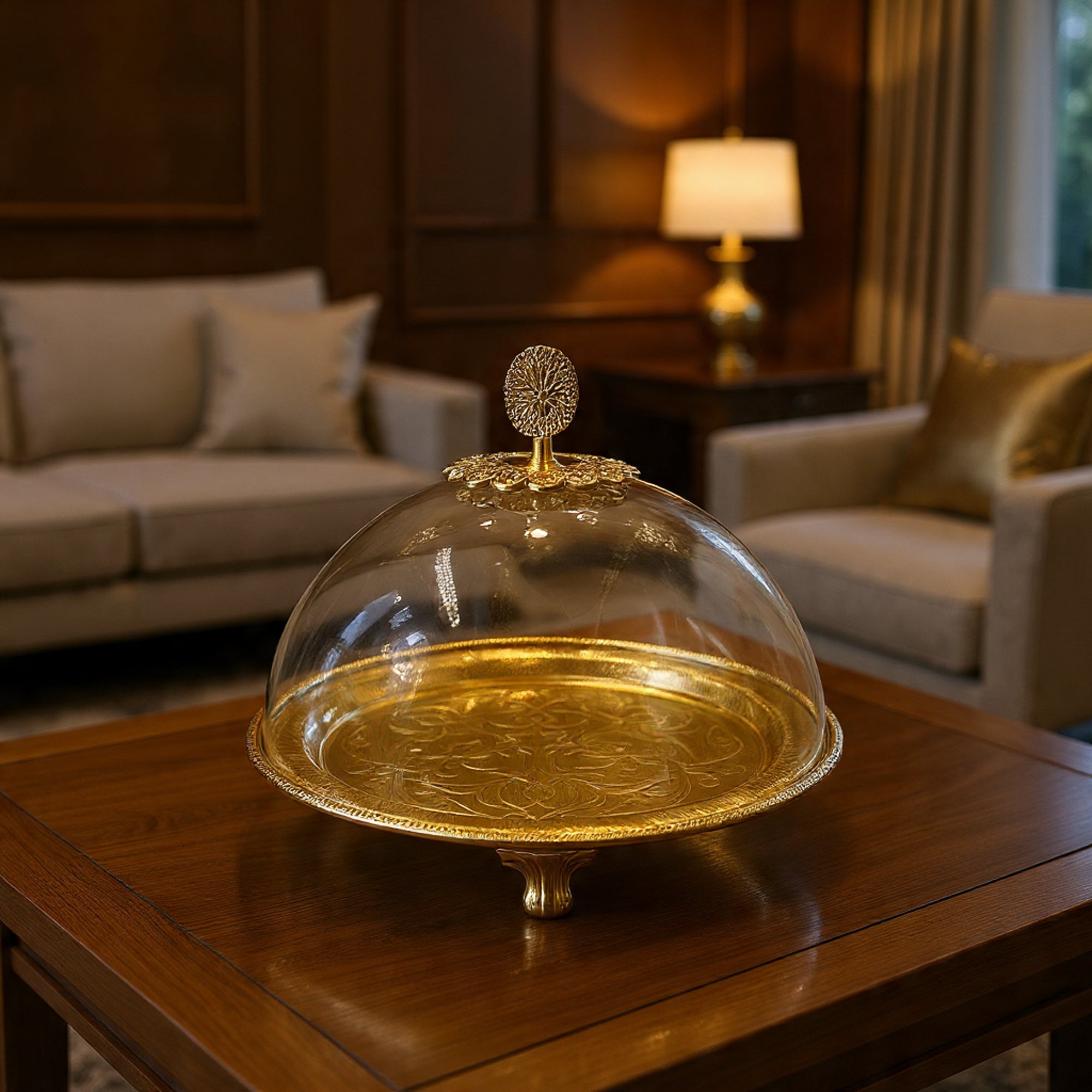 Imperial Luxe Cake Cloche | Metallic Pedestal Serving Dish with Clear Dome - 12.3 Inches