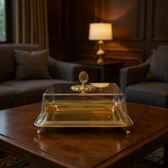Sovereign Gold-Finished Square Platter | High-Clarity Acrylic Display Cloche - 12.6" inches