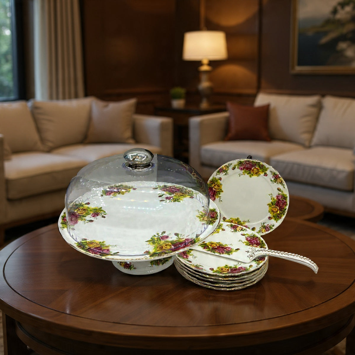 Royal Albert–Inspired 9-Pcs Bone China Cake Set | Floral Elegance with Dome