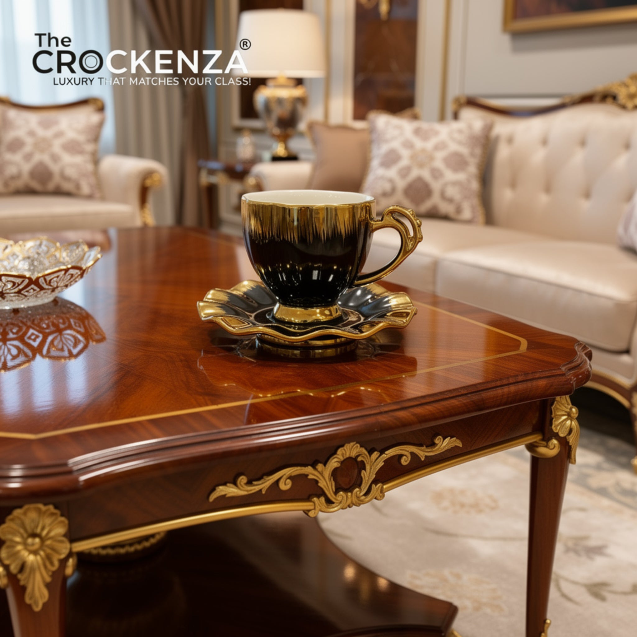 The Crockenza Midnight Aurora Luxury Gold-Drip Cups & Saucers Set (6 Cups & Saucers)