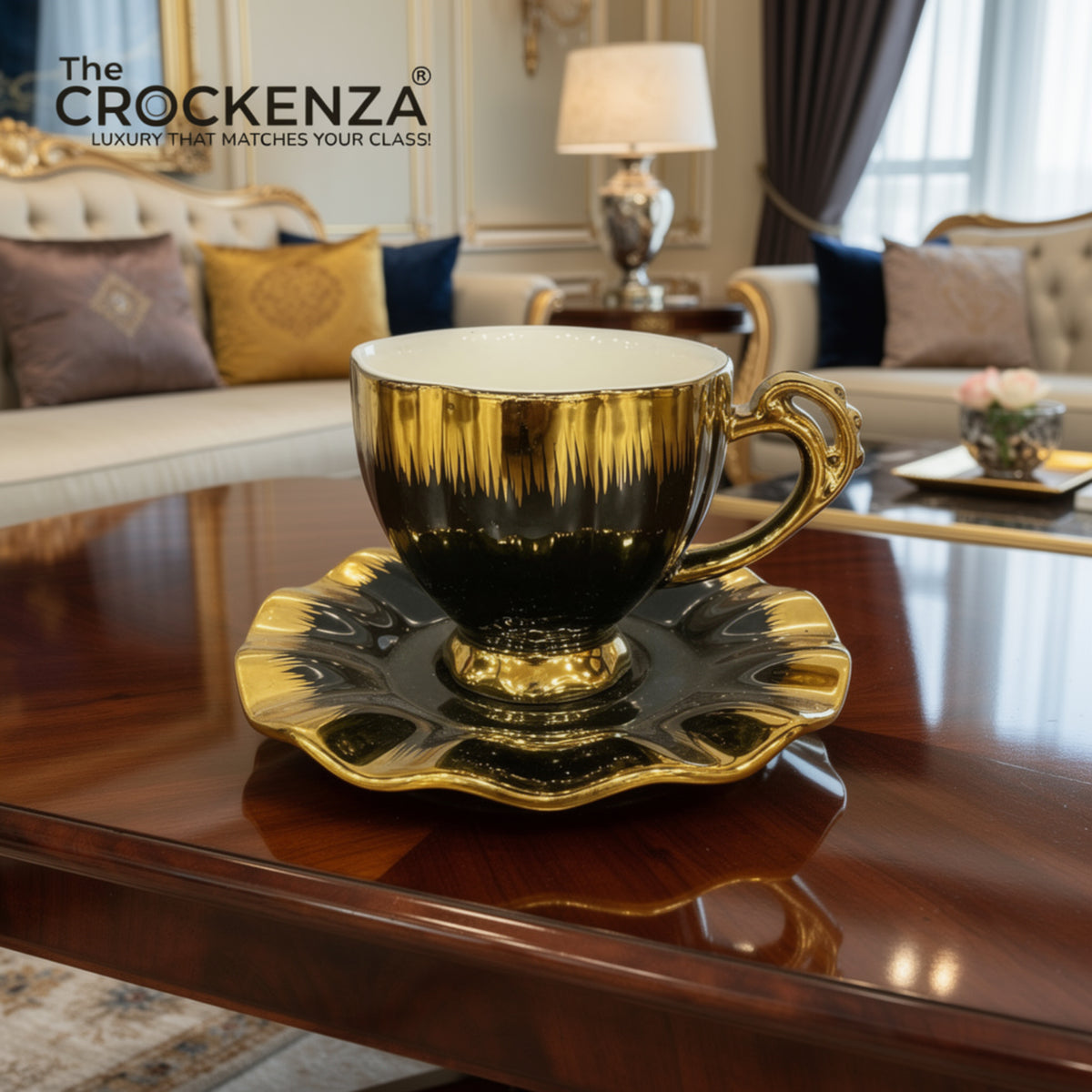 The Crockenza Midnight Aurora Luxury Gold-Drip Cups & Saucers Set (6 Cups & Saucers)