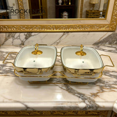 Twin Rectangular Porcelain Serving Dish Set with Gold Stand – 11.5" Double Buffet Server with Handles | Elegant Tabletop Food Warmer & Serving Set