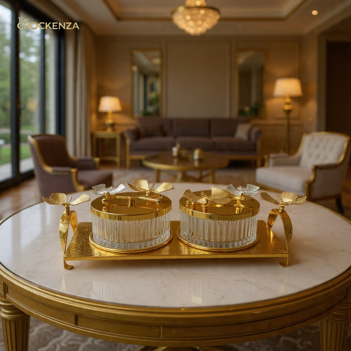 Luxury Golden 2-Compartment Dry Fruit & Candy Serving Set – Elegant Table Décor & Centerpiece