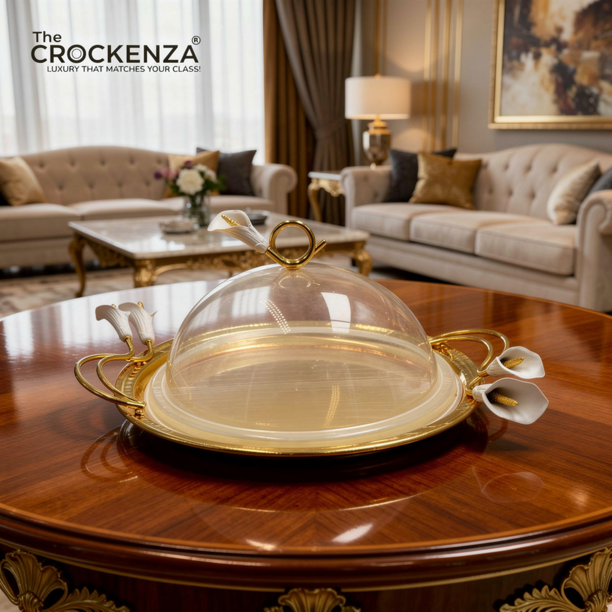 Royal Gold-Plated Metallic Platter with Clear Acrylic Dome Lid