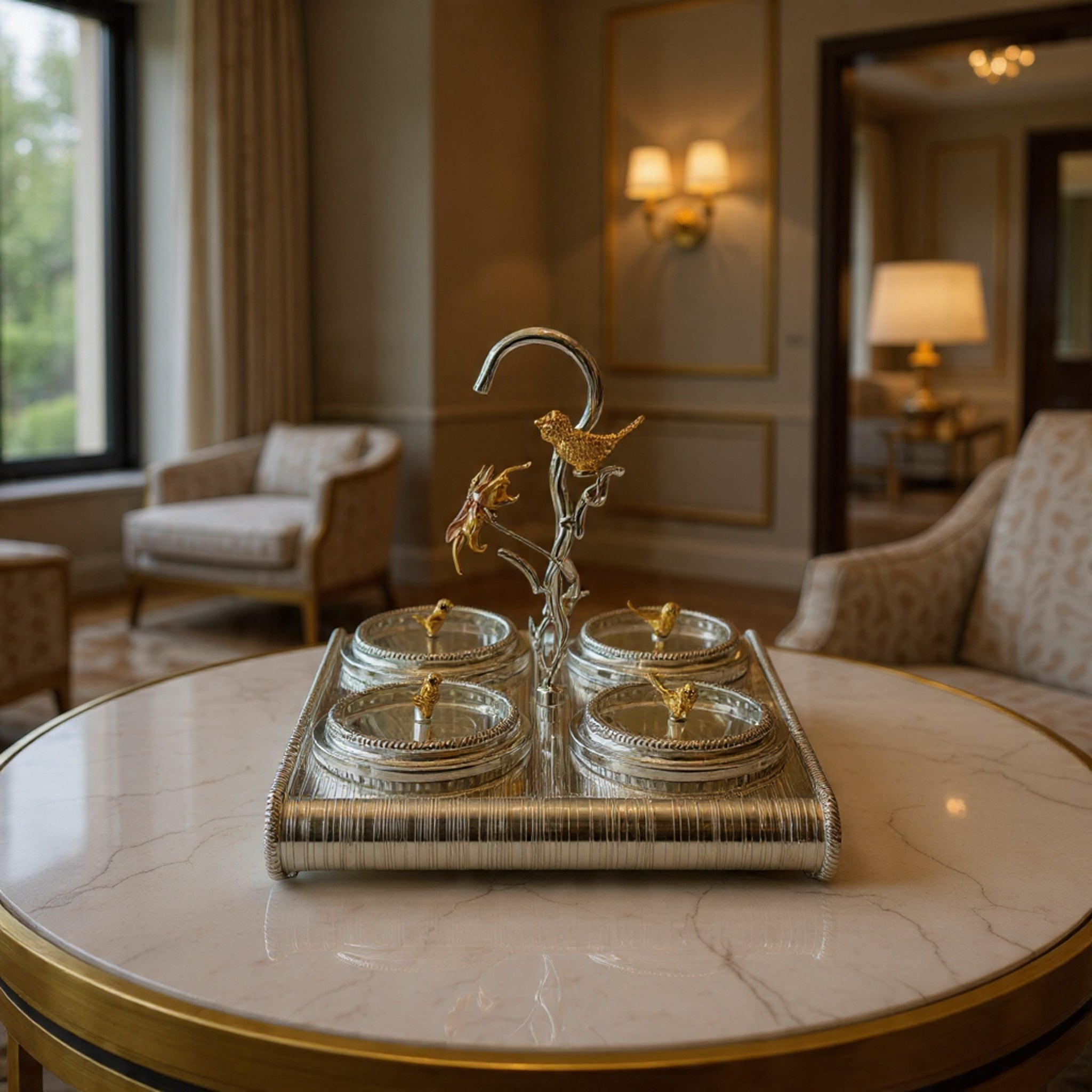 Luxury Silver 4-Partition Dry Fruit Serving Tray with Crystal Bowls & Decorative Handle