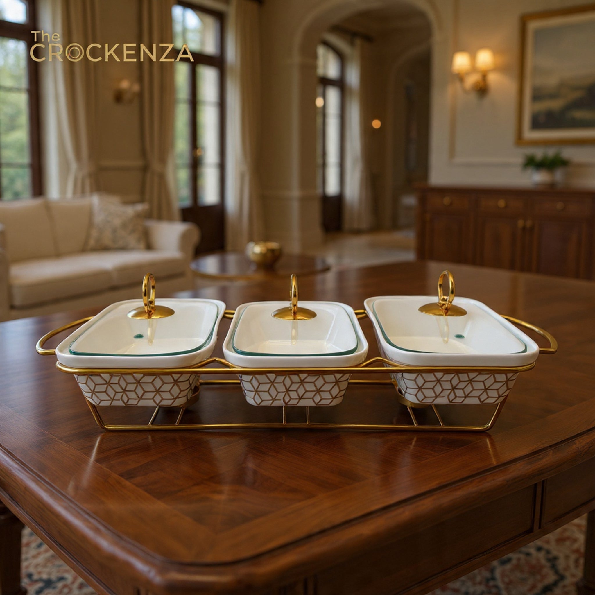 Elegant Triple Chafing Dishes with Handles & Metal Stand – White Textured Buffet Set (9" each)