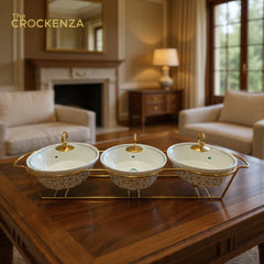 Elegant Triple Oval Chafing Dishes with Handles & Metal Stand – White Textured Buffet Set (9" each)