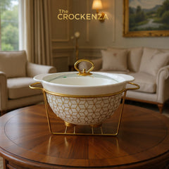 Elegant Geometric Patterned Porcelain Buffet Server – 10.5" Round Food Warmer with Gold-Tone Accents