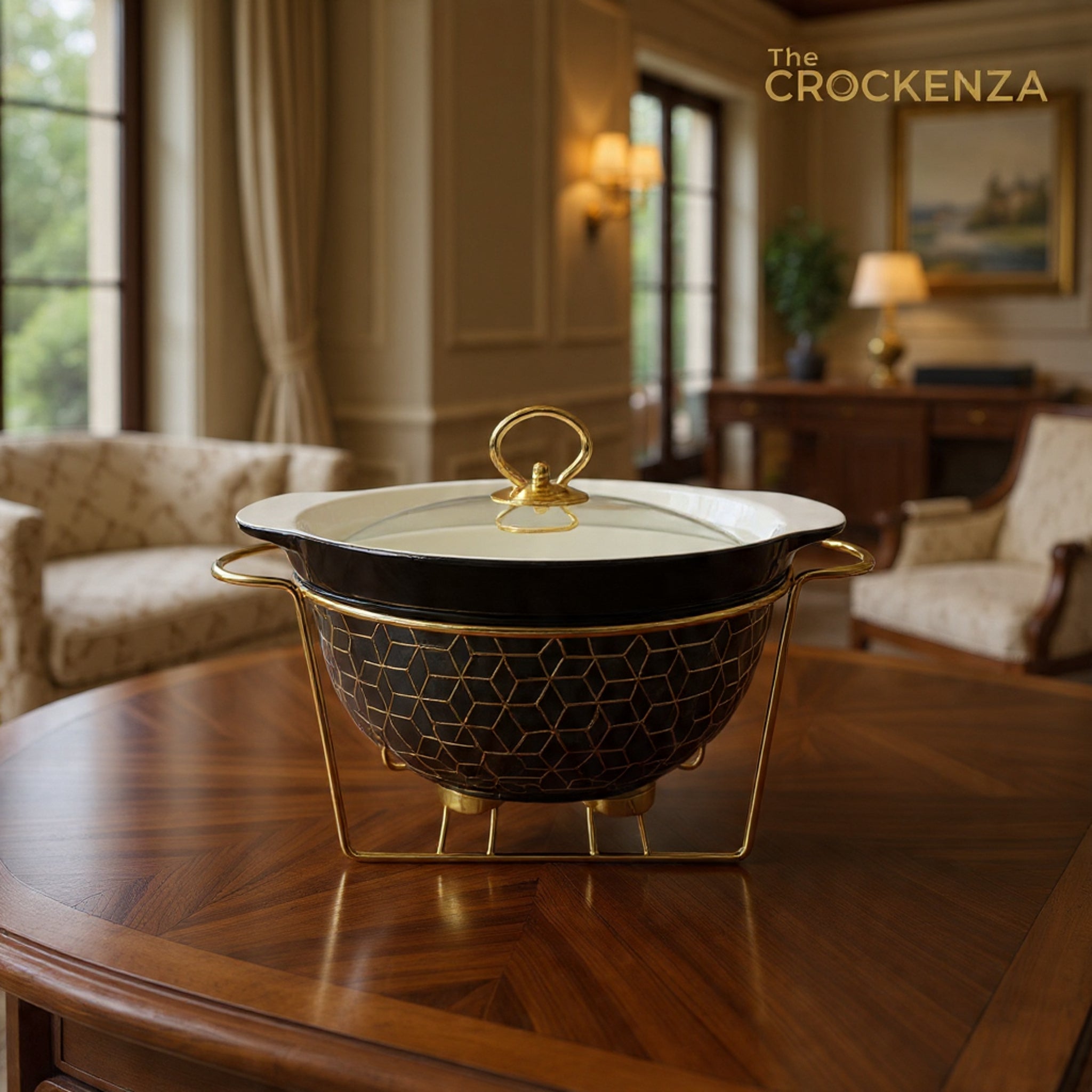 Elegant Geometric Patterned Porcelain Buffet Server – 10.5" Round Food Warmer with Gold-Tone Accents