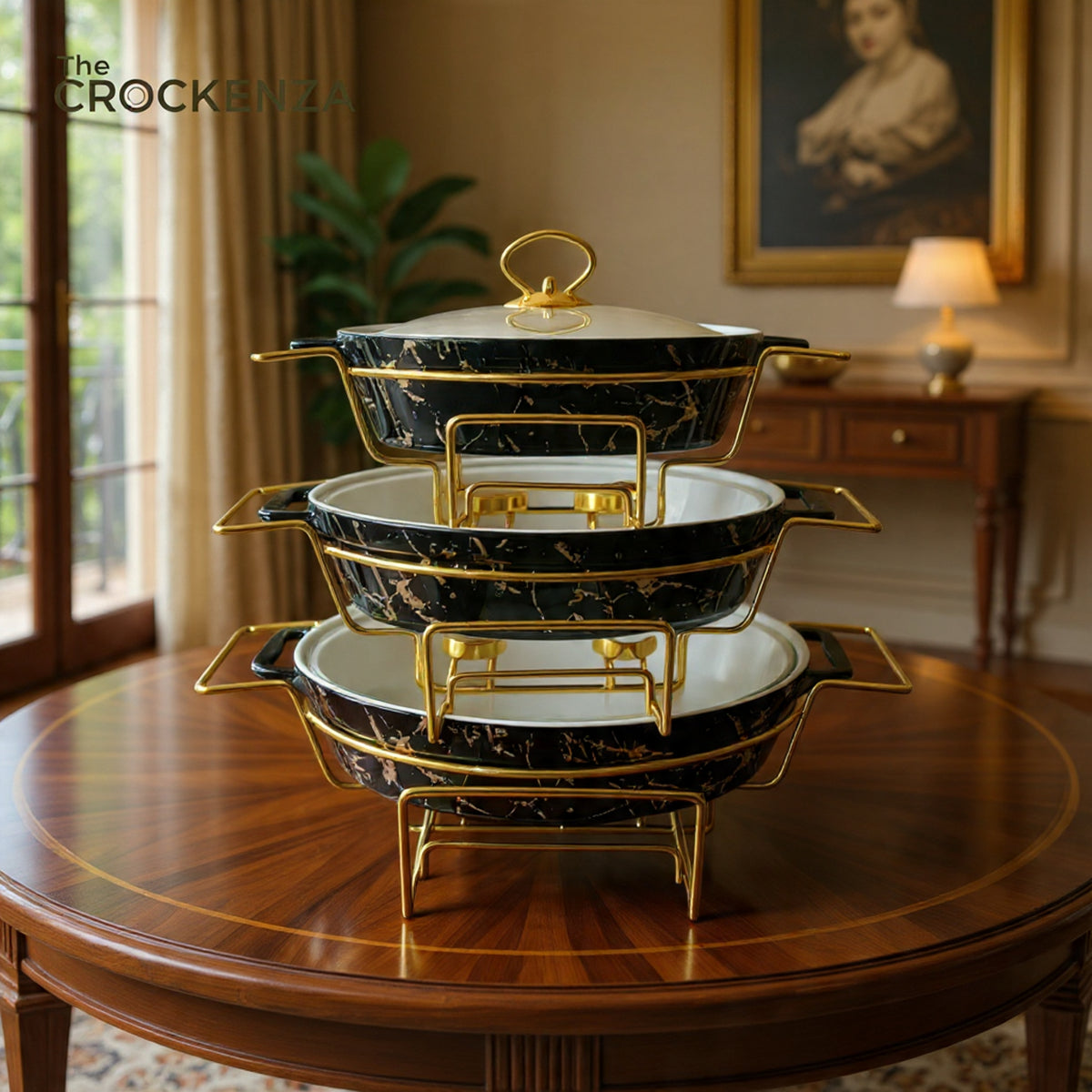 Elegant Imported Oval Porcelain Serveware – Black Marble with Handles & Matching Lid (Three Sizes)