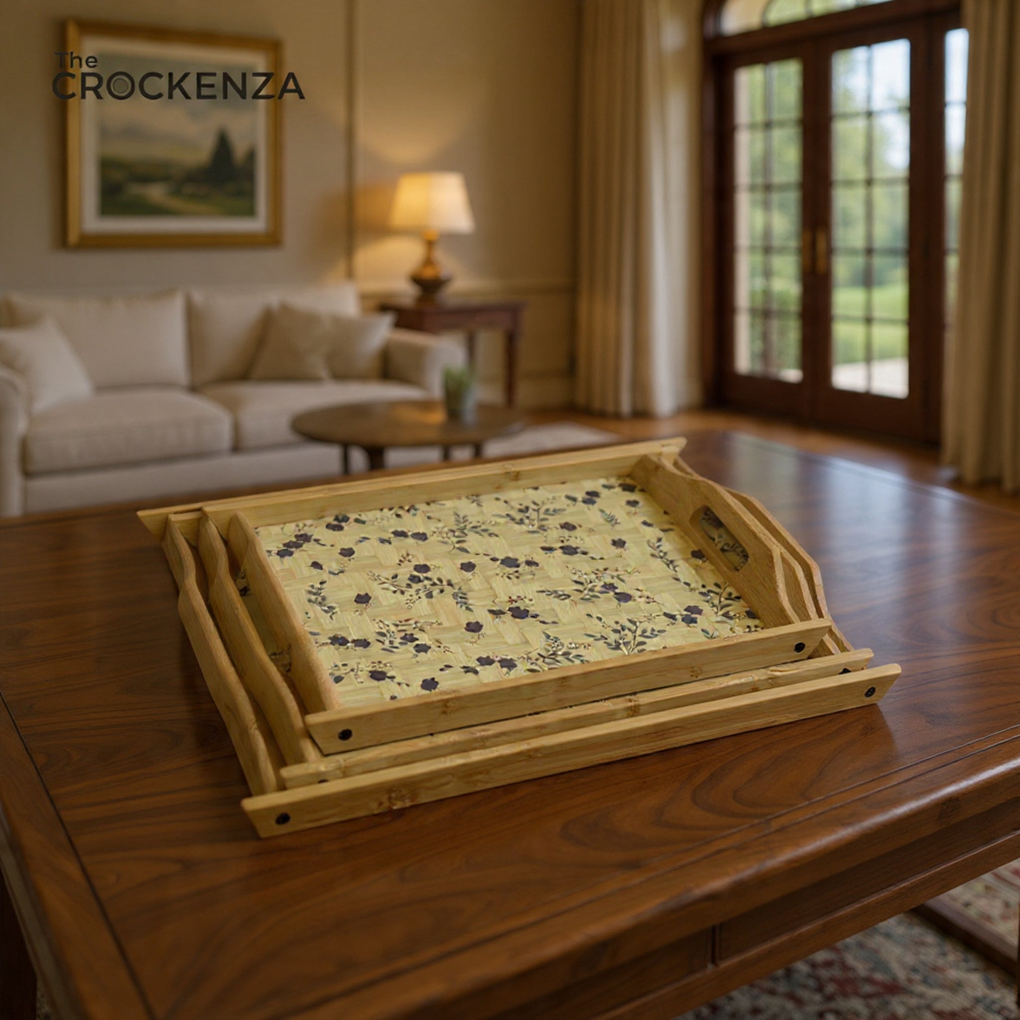 The Crockenza Vintage Floral Bamboo Tray Set – 3-Piece Eco-Friendly Nesting Serving Trays with Woven Texture & Botanical Print