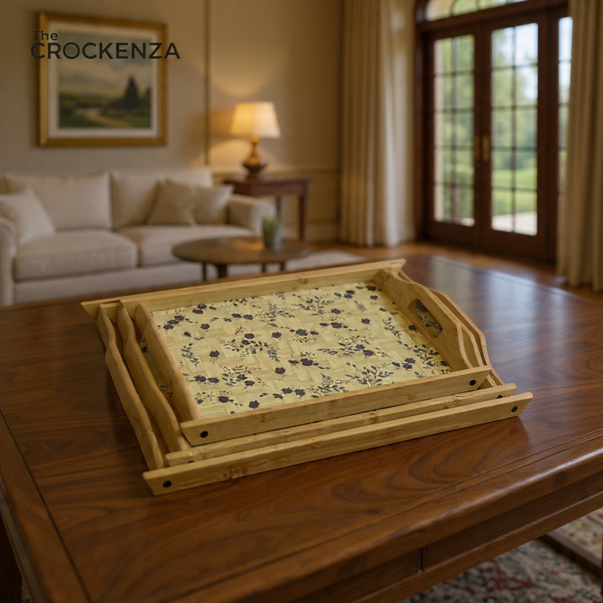 The Crockenza Vintage Floral Bamboo Tray Set – 3-Piece Eco-Friendly Nesting Serving Trays with Woven Texture & Botanical Print