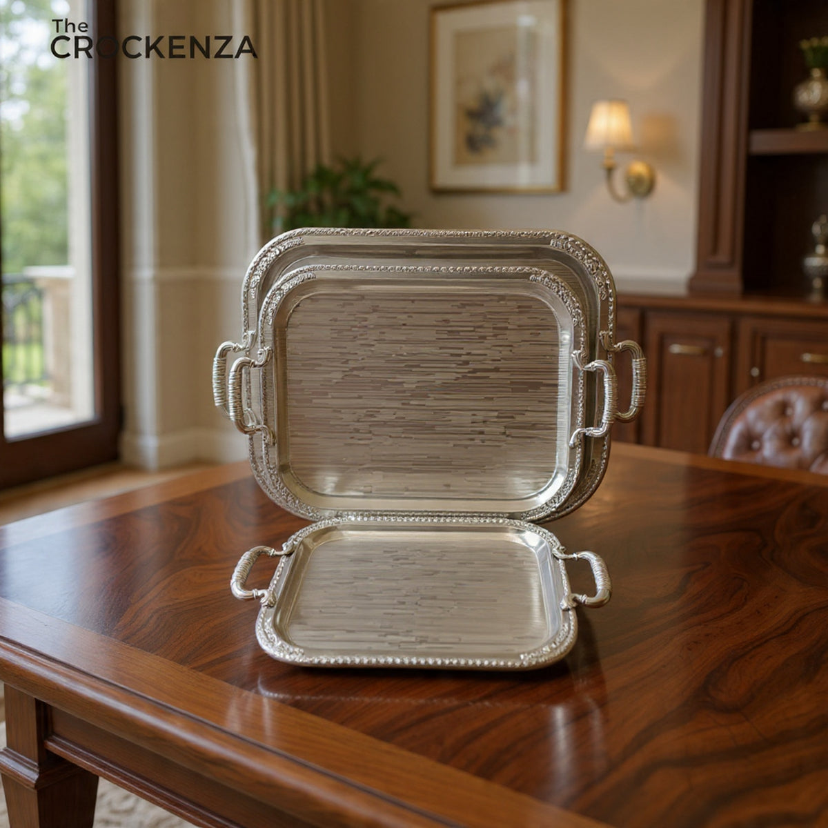 Luxury 3 Pcs Stainless Steel Serving Tray Set – Mirror Polish Finish with Silver Handles
