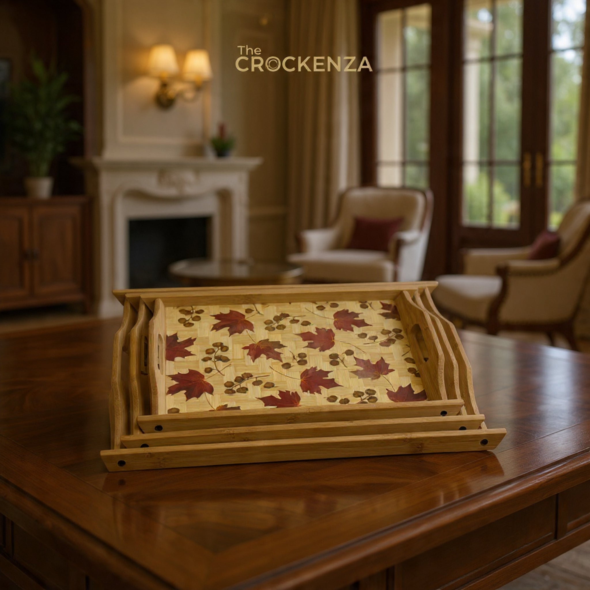 Autumn Leaf Bamboo Tray Set – 3-Piece Serving Trays with Decorative Maple Pattern