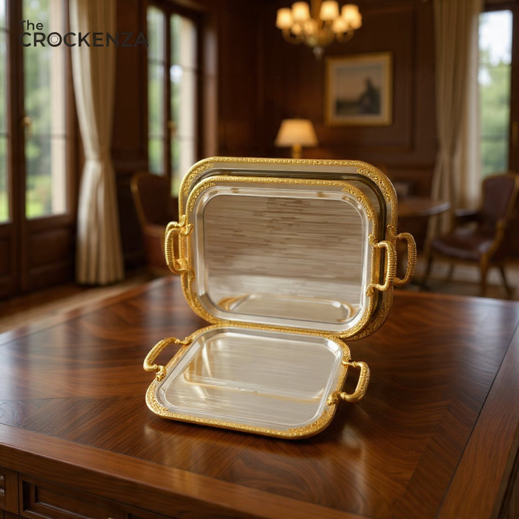 Luxury 3 Pcs Stainless Steel Serving Tray Set – Mirror Polish Finish with Gold Handles