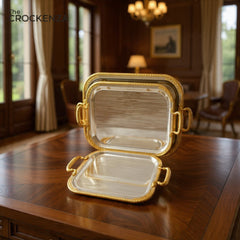 Luxury 3 Pcs Stainless Steel Serving Tray Set – Mirror Polish Finish with Gold Handles