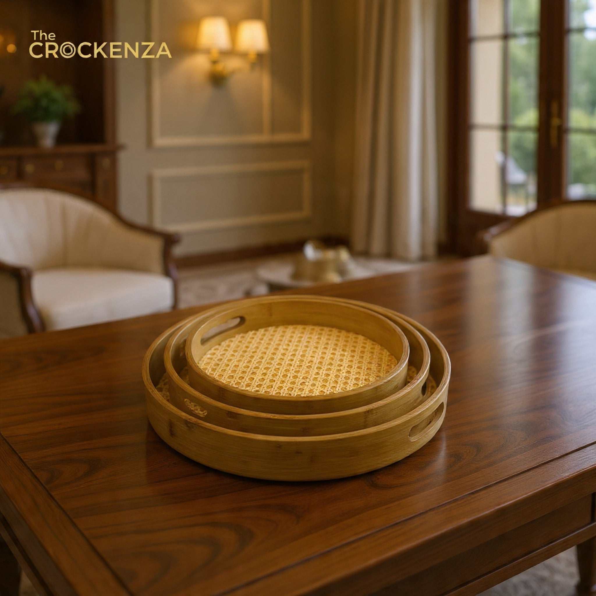 The Crockenza Round Bamboo & Rattan Serving Trays – 3-Piece Tray Set with Woven Cane Detail