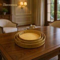 The Crockenza Round Bamboo & Rattan Serving Trays – 3-Piece Tray Set with Woven Cane Detail