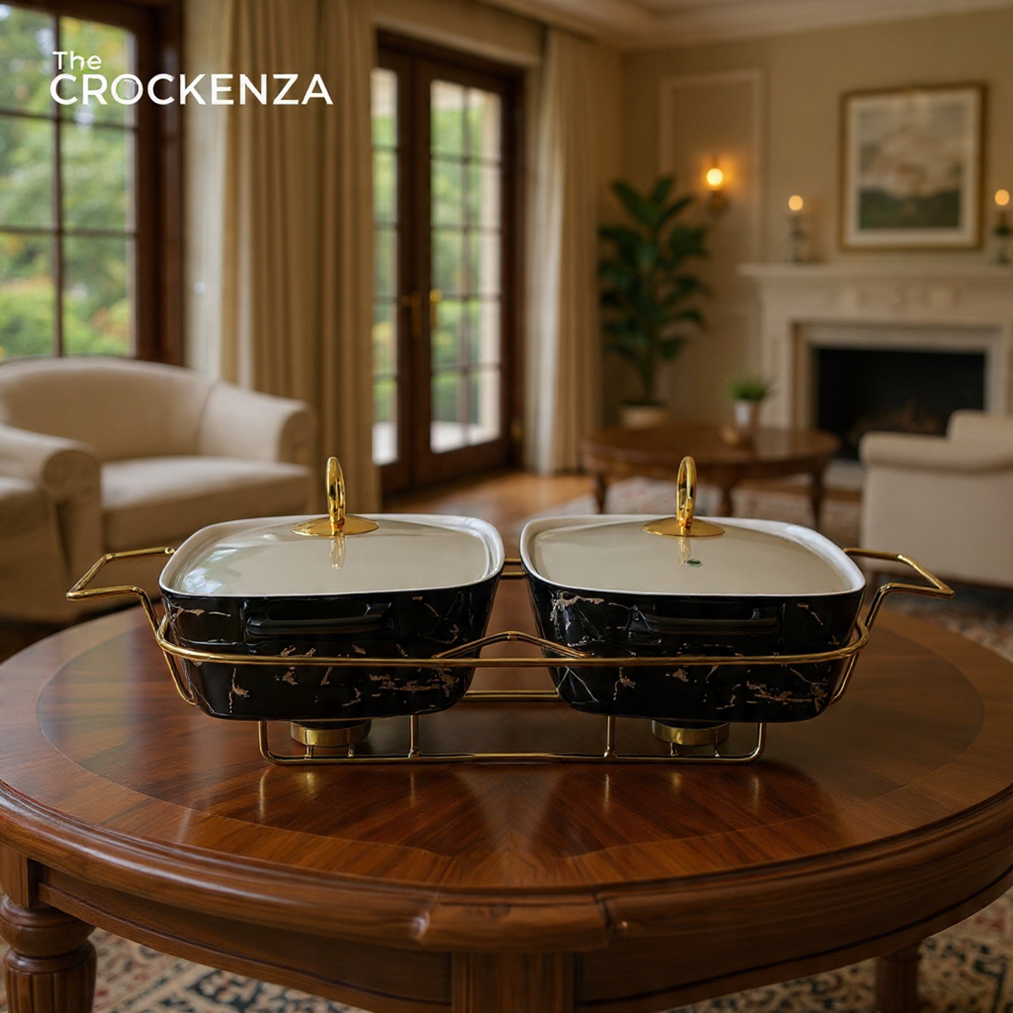 Elegant Twin Rectangular Chafing Dishes (11.5" each) with handles & Metal Stand – Black Marble Buffet Set