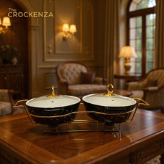 Elegant Twin Oval Chafing Dishes (11" each) with handles & Metal Stand – Black Marble Buffet Set
