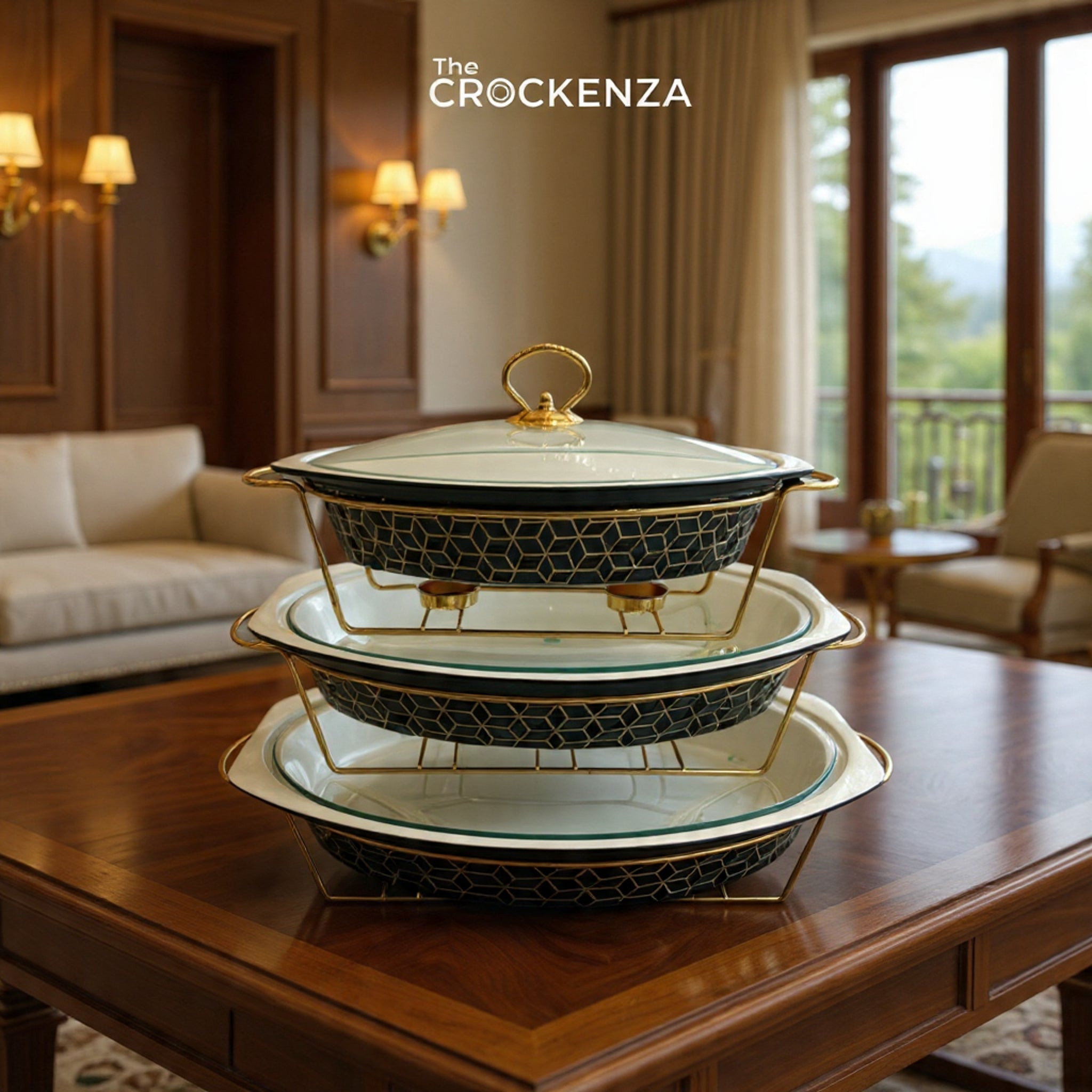 Imported Luxury Oval Serving Dishes (Black Textured) with Glass Lid & Side Handles for Easy handling - Three Sizes