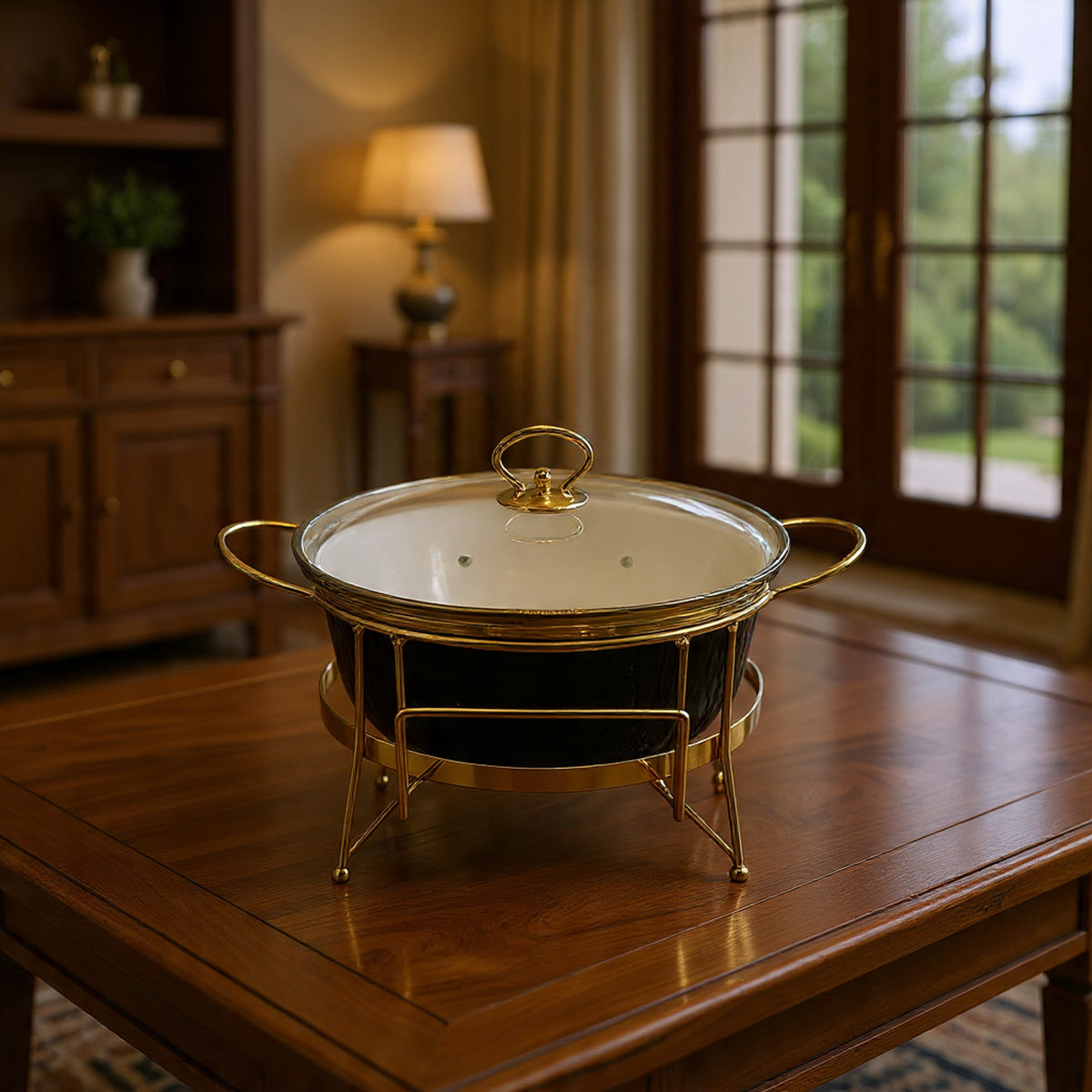 10" Round Porcelain Serving Bowl with Gold Stand & Lid – Elegant Buffet Serving Dish with Handles | Luxury Tableware