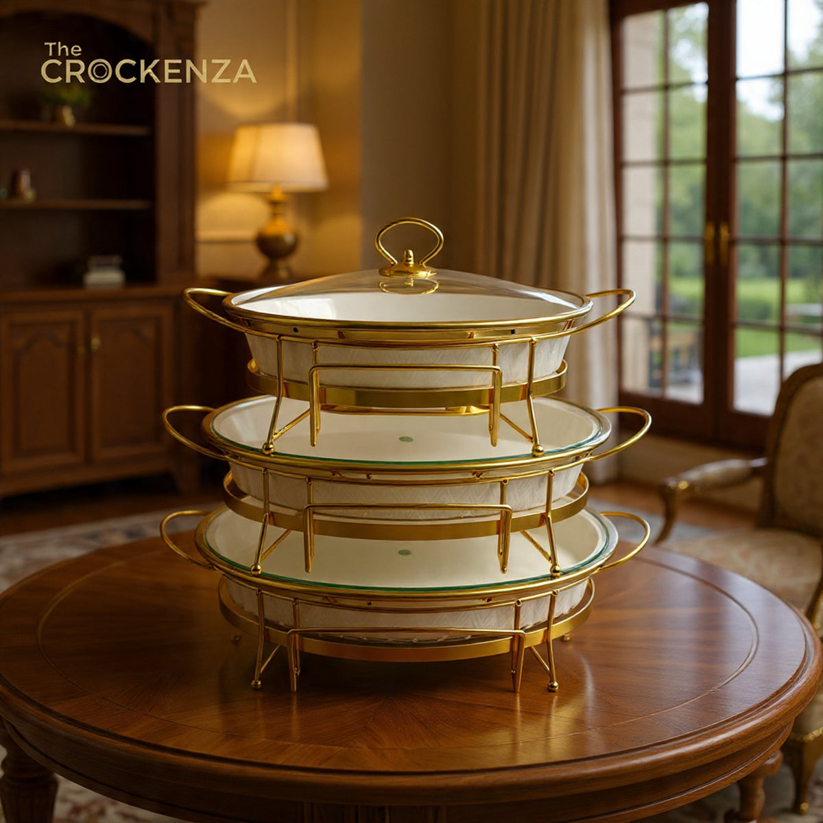 Luxe White & Gold Textured Porcelain Chafing Dish – Set of 3 Sizes